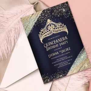 Navy Blue Gold Glitter Princess Tiara Quinceañera