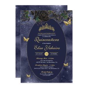 Navy Blue Gold Luxury Butterfly Quinceanera