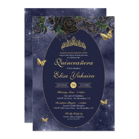 Navy Blue Gold Luxury Butterfly Quinceanera