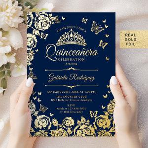 Navy Blue Gold Roses Butterflies Quinceanera Foil