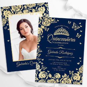 Navy Blue Gold Roses Butterflies Quinceanera Photo