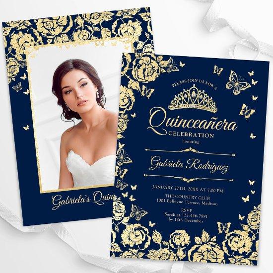 Navy Blue Gold Roses Butterflies Quinceanera Photo