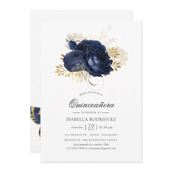 Navy Blue & Gold Vintage Shabby Roses Quinceañera