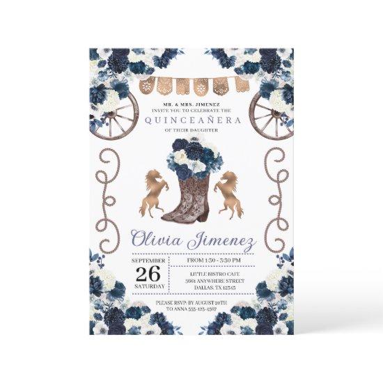 Navy Blue Gold Western Charra Boots Quinceañera