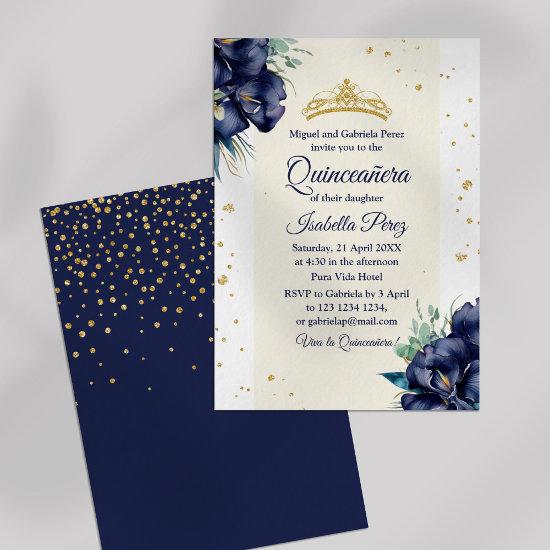 Navy Blue Iris and Glitter Tiara Quinceanera
