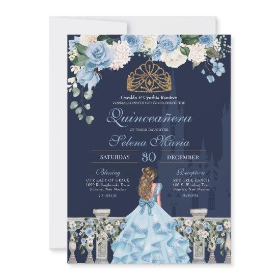 Navy Blue Light Blue Roses Princess Quinceañera