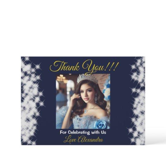Navy Blue Photo Boho Quinceañera Spanish Favor Thank You Card