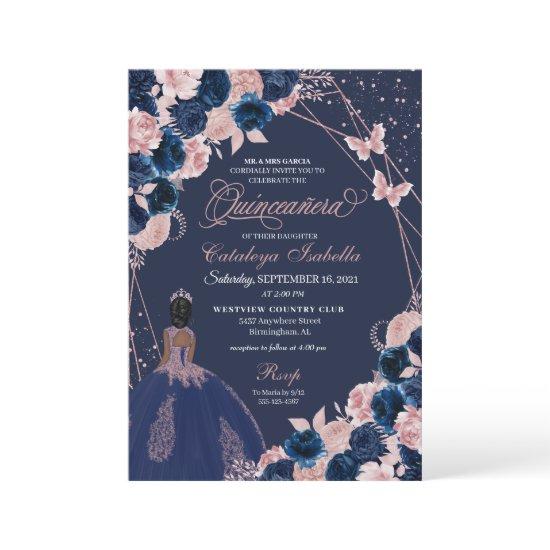Navy Blue & Pink Butterfly Princess Quinceanera