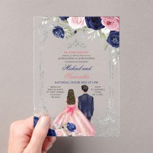Navy Blue & Pink Floral Twins Silver Quinceañera Acrylic