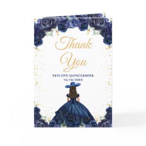 Navy Blue Princess Floral Charro Quinceañera Thank You Card