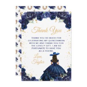 Navy Blue Princess Floral Charro Quinceañera Thank You Card