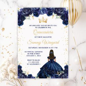Navy Blue Princess Floral Quinceañera