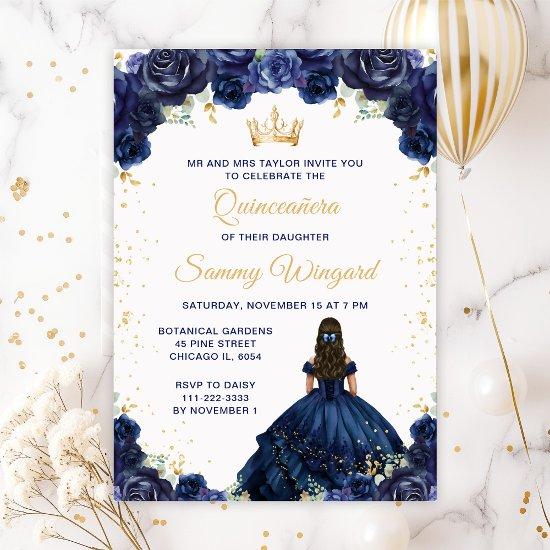 Navy Blue Princess Floral Quinceañera