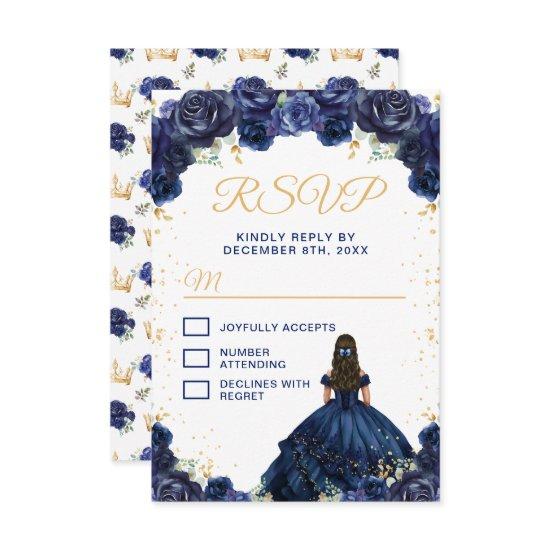 Navy Blue Princess Floral Quinceañera RSVP Card