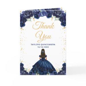 Navy Blue Princess Floral Quinceañera Thank You Card