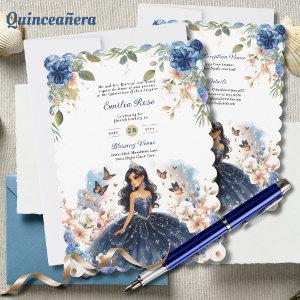 Navy Blue Quinceanera Dress Floral Butterflies