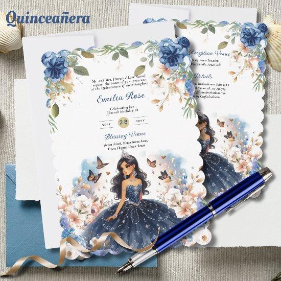 Navy Blue Quinceanera Dress Floral Butterflies