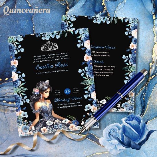 Navy Blue Quinceanera Dress Floral Roses