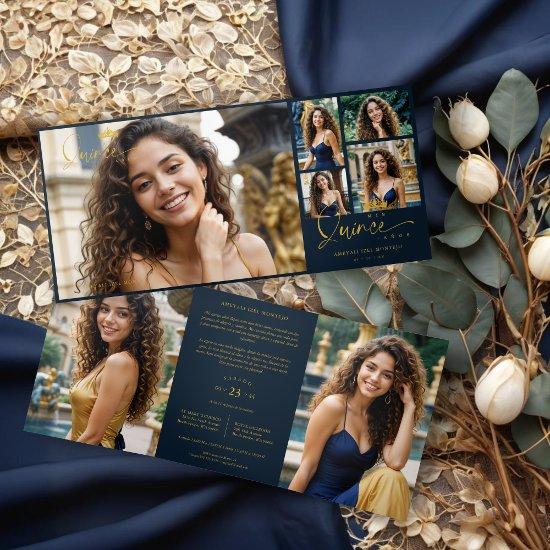 Navy Blue Quinceañera Trendy 7-Photo Collage Tri-Fold