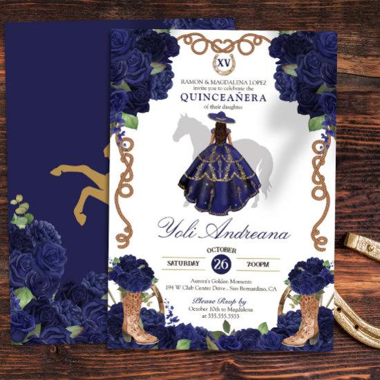 Navy Blue Rose Boots Charra Vestidos Quinceañera