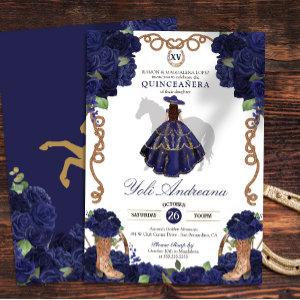 Navy Blue Rose Boots Charro Vestidos Quince Anos