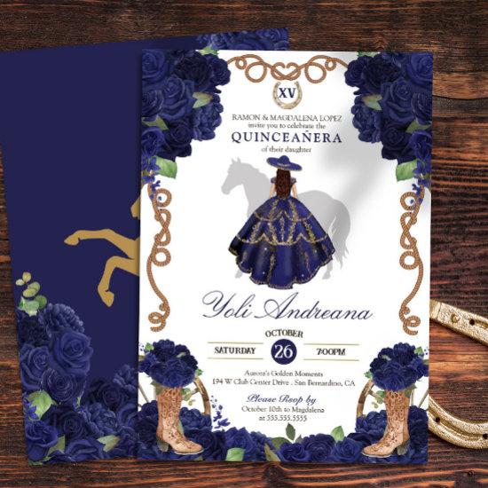 Navy Blue Rose Boots Charro Vestidos Quince Anos