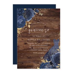 Navy Blue Rose Dress Gold Rustic Quinceanera Party