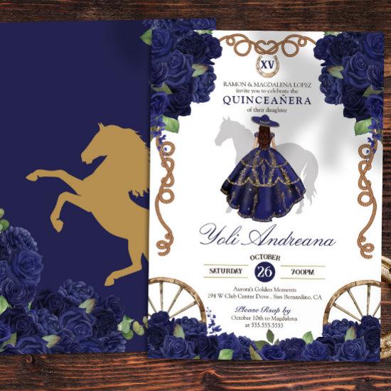 Navy Blue Rose Floral Country Western Quinceanera