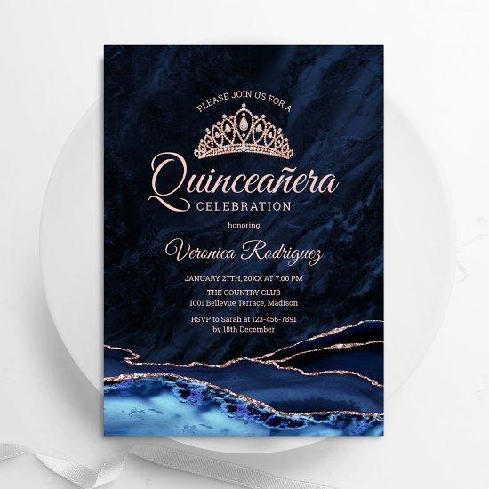 Navy Blue Rose Gold Agate Quinceanera