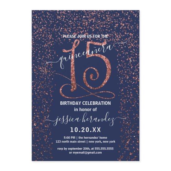 Navy Blue Rose Gold Confetti Border Quinceañera