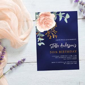 Navy blue rose gold floral greenery birthday