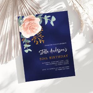 Navy blue rose gold floral greenery birthday  postcard