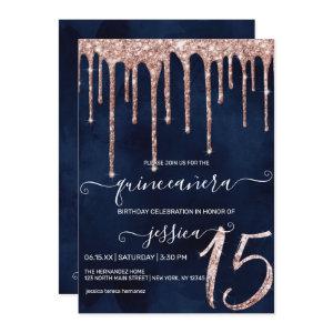 Navy Blue Rose Gold Glitter Drips Quinceañera