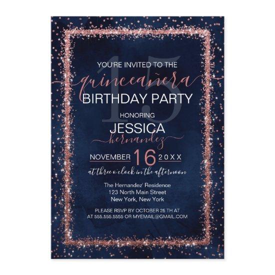 Navy Blue Rose Gold Sprinkled Confetti Quinceañera