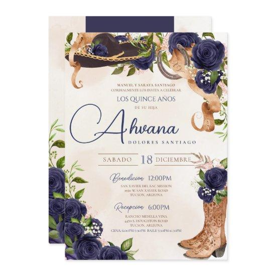 Navy Blue Rose Vintage Charro Western Quinceañera