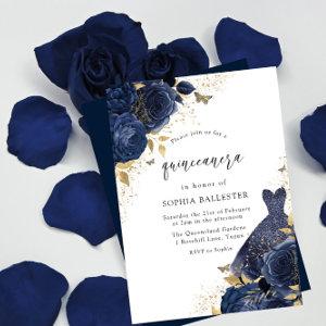 Navy Blue Roses & Dress Gold Quinceanera Party