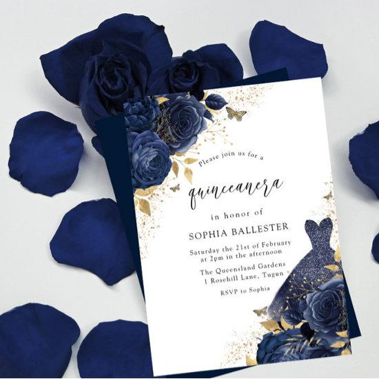 Navy Blue Roses & Dress Gold Quinceanera Party