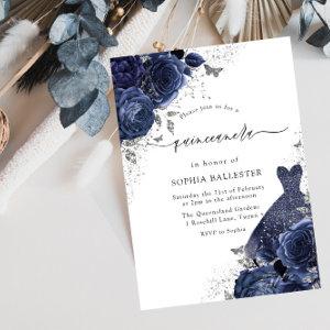 Navy Blue Roses & Dress Silver Quinceanera Party