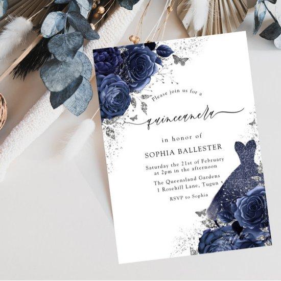 Navy Blue Roses & Dress Silver Quinceanera Party