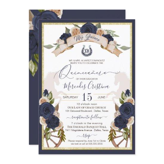 Navy Blue Roses Floral & Horses Charro Quinceanera