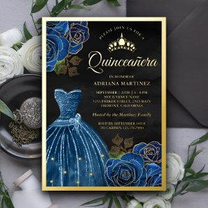 Navy Blue Roses Gown Black Quinceanera Gold Foil