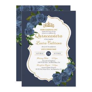 Navy Blue Roses White and Gold Elegant Quinceanera