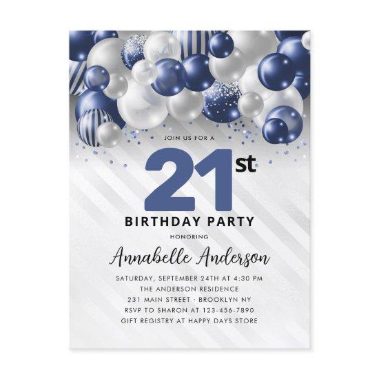 Navy Blue Silver Balloon Glitter 21st Birthday  Postcard