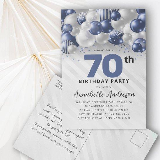 Navy Blue Silver Balloon Glitter 70th Birthday Postcard
