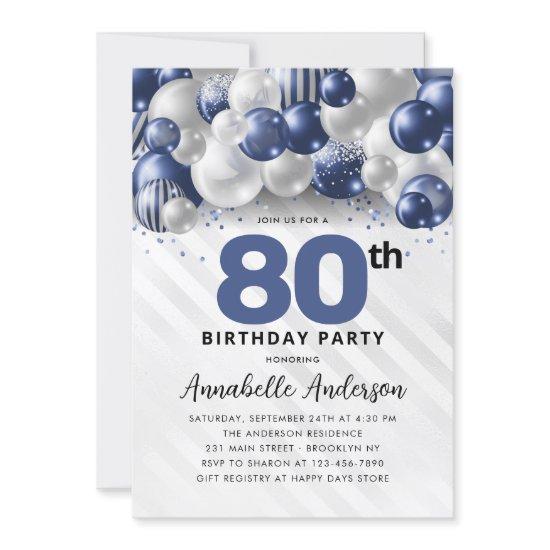 Navy Blue Silver Balloon Glitter 80th Birthday