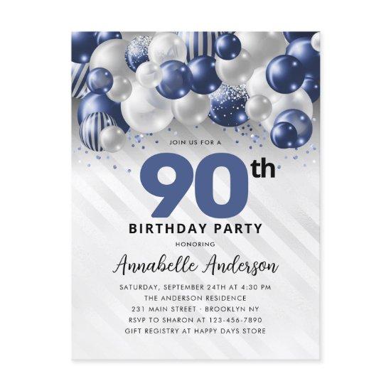 Navy Blue Silver Balloon Glitter 90th Birthday  Postcard