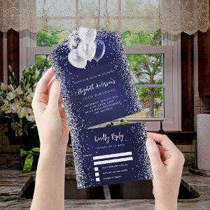 Navy blue silver balloons glitter birthday rsvp all in one