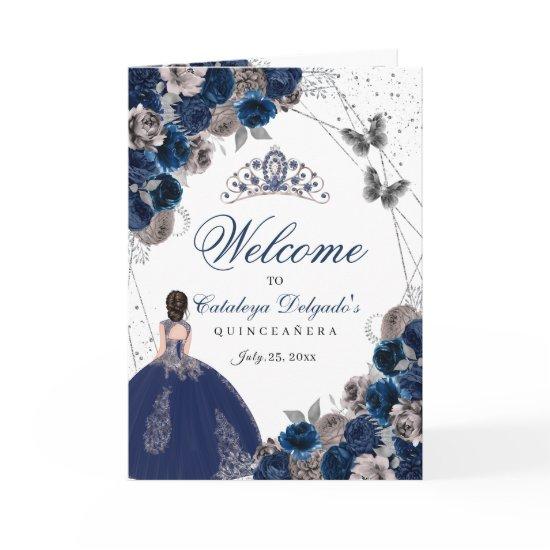 Navy Blue Silver Butterfly Quinceanera Program