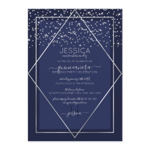Navy Blue Silver Confetti Border Quinceañera