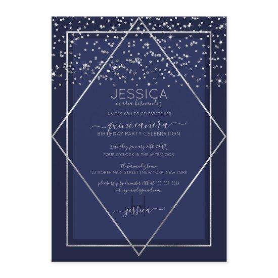 Navy Blue Silver Confetti Border Quinceañera
